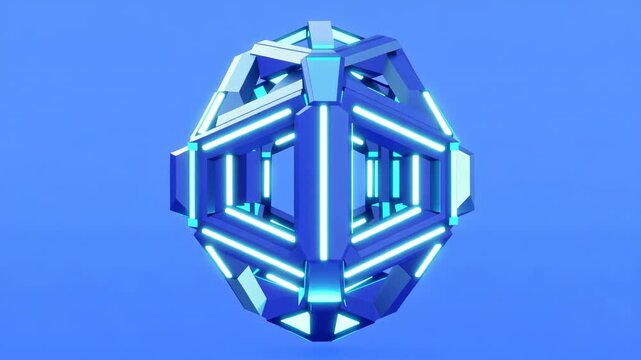 Abstract geometric crystal rotating in studio light with blue background and copy space