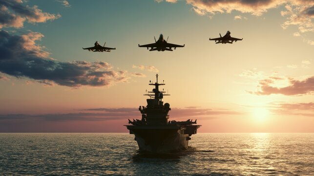 Naval warship sailing across open sea with military drones and three fighter jets flying overhead, modern naval fleet and air defense forces in a strategic maritime operation