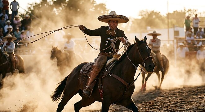 Mexican charro riding a horse and swinging a lasso during a traditional rodeo performance. Equestrian sport, cultural heritage, competition and festival concept.
