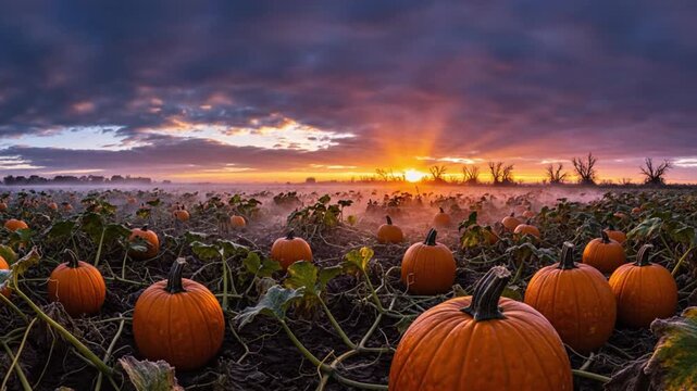 Large pumpkin field under a sunset sky in autumn harvest farm halloween fall