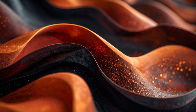 Abstract dark bistre brown and copper wave background with sparkling golden particles, luxury fluid texture wallpaper for modern banner covers, digital art, and creative background presentation.