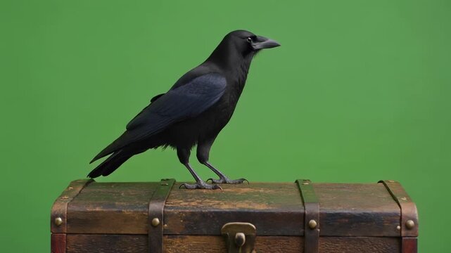 Black crow standing on antique chest during soft daylight against green screen background