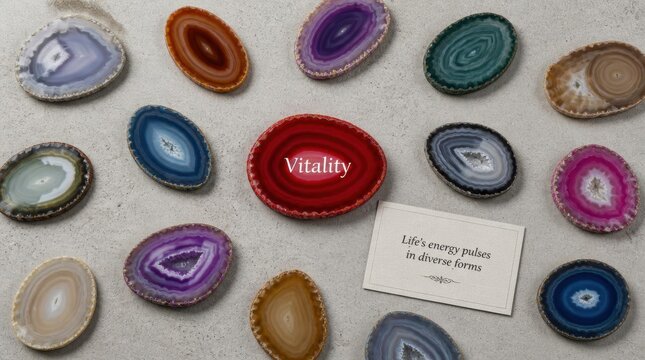 Scattered colorful polished agate slices on gray stone background, featuring central red geode with Vitality text and paper card with energy quote for spiritual wellness concept.