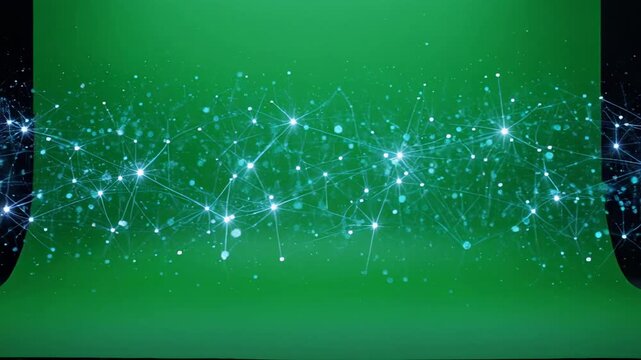 Abstract glowing particles stream across a green screen background with soft focus and subtle light effects