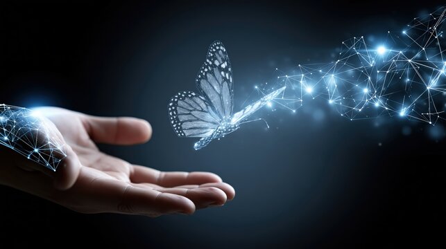 A delicate butterfly emerges from a network of glowing connections, taking flight from an outstretched hand. ..Created with Generative AI, not depicting real subjects.