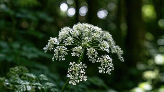 Delicate white umbel flower blooms amidst lush green forest foliage