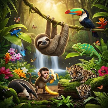 Tropical jungle animals gathering in a lush rainforest waterfall