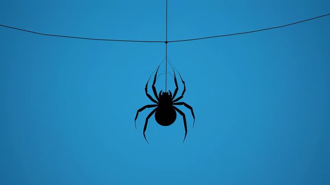 Black spiders hanging on silk threads against a gradient blue background during Halloween night