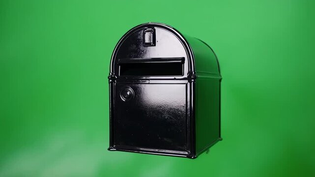 Black mailbox standing against a vibrant green background with cinematic camera rotation