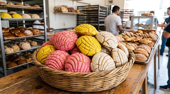 Colorful concha sweet bread in a woven basket at a busy bakery. Traditional Mexican pastry display with artisan bread, food culture, and local bakery commerce.