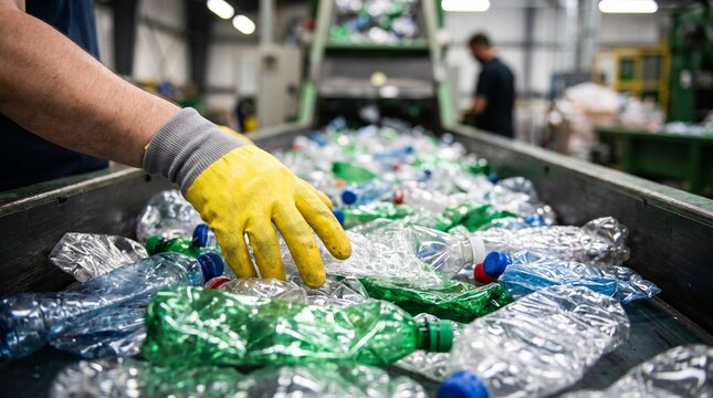 Worker sorting plastic bottles on a conveyor belt at a recycling facility, environmental conservation concept