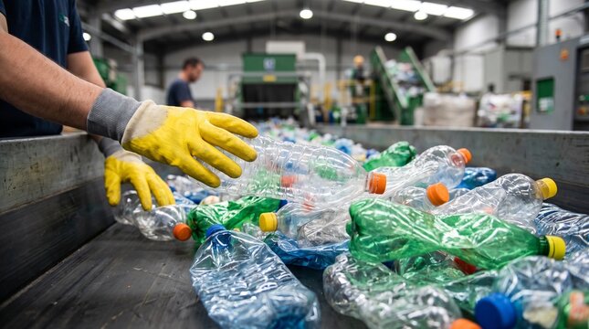 Industrial Worker Manually Sorting Recycled Plastic Bottles on Conveyor Belt at Modern Waste Processing and Environmental Recycling Facility