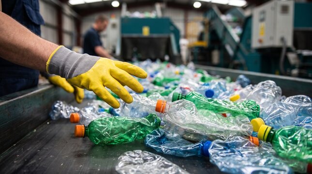 Manual and robotic sorting of plastic bottles on conveyor belt in waste recycling facility plant