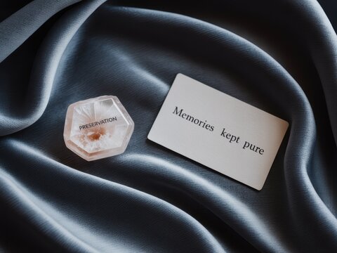 Flat lay of a hexagonal translucent crystal with PRESERVATION text and white card with Memories kept pure message placed on draped dark gray silk satin fabric background studio shot.