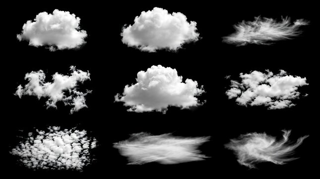 Collection of nine distinct white clouds isolated on a black backdrop.