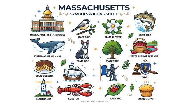 Massachusetts State Symbols and Icons Sheet A Comprehensive Vector Collection Illustrating Official State Emblems, Cultural Elements, and Historical Significance
