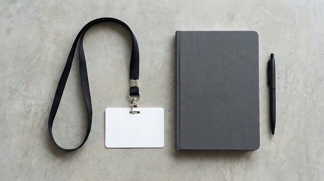 Blank ID badge lanyard with a grey notebook and pen on concrete background