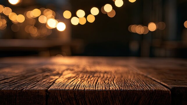 Warm, glowing string lights illuminate a rustic wooden table in a dimly lit setting