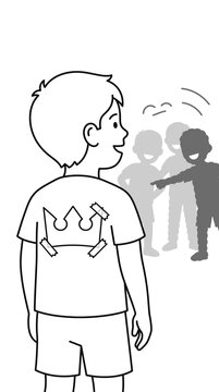 Illustration of School Bullying with Group of Children Mocking and Pointing at a Boy with a Sign