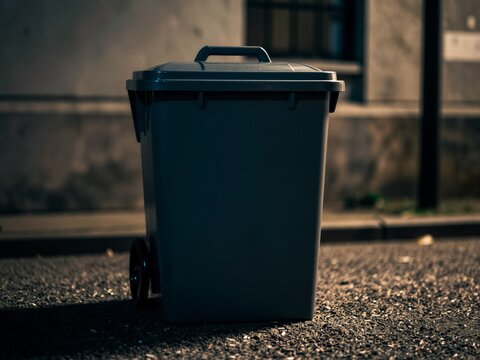 A large dark grey plastic waste bin with wheels on a city street.