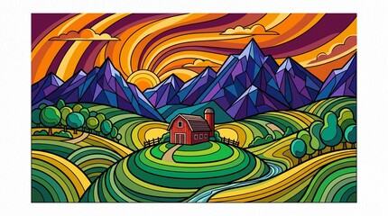 Fototapeta premium Red barn stands on rolling green hills against a vibrant swirling sky and purple mountains.