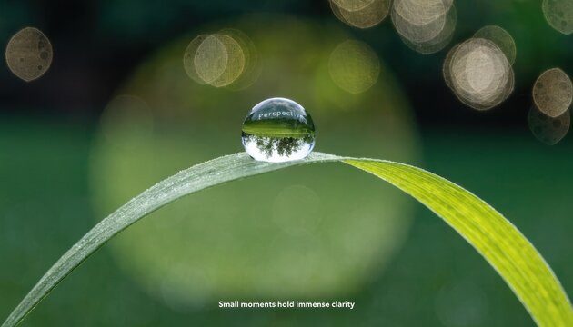 Macro view of a water drop on a green grass blade reflecting a forest landscape and the word perspective against a dark green bokeh background with inspirational text overlay.
