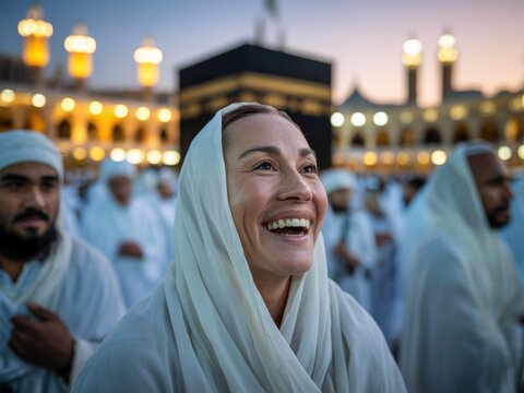 Portrait of a smiling woman wearing a white headscarf during the Hajj or Umrah pilgrimage in Mecca, Saudi Arabia, with the Kaaba and other pilgrims visible in the background.