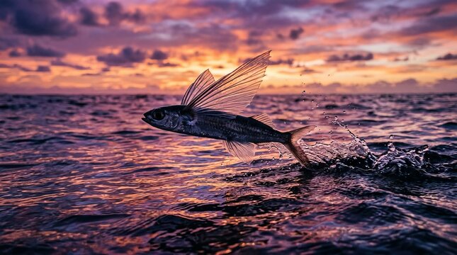 Flying Fish Action Shots of Exocoetidae Gliding Above Ocean Waves