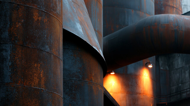 Industrial structure featuring large, rusty pipes and silos illuminated by warm light.