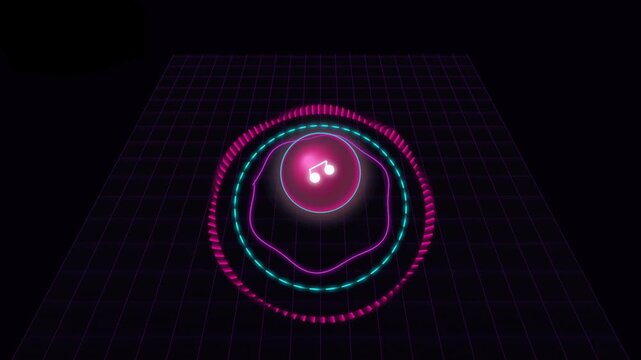 Glowing neon music visualizer sphere with retro synthwave grid background loop