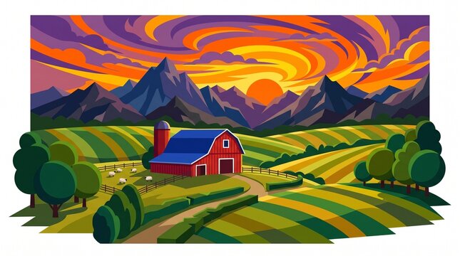 Red barn surrounded by green agricultural fields with mountains under a setting sun.