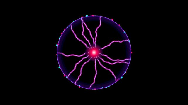 Neon Plasma Ball Glowing With Electric Lightning Arcs Inside A Dark Round Glass Sphere