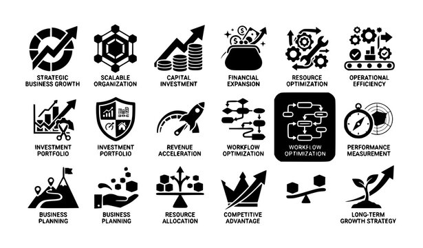 Business leverage blue flat icons for strategic growth scalability capital investment resource optimization productivity and operational efficiency