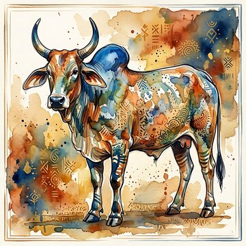 Watercolor zebu bull with tribal patterns and paint splatters
