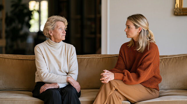 Elderly mother and adult daughter sitting separately on opposite sides of a sofa after a difficult conversation, intergenerational conflict, family misunderstanding, emotional