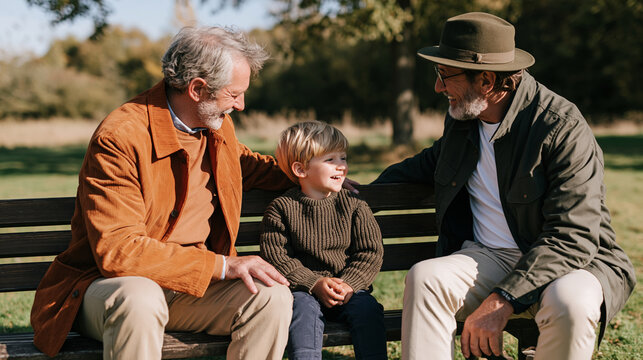 Young child happily interacting with two older men outdoors, multigenerational family, grandfather and relatives, childhood joy, male family relationships, outdoor recreation,