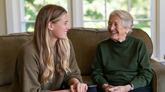 Young adult interviewing an elderly person in a comfortable home setting, intergenerational communication, oral history, life experience, storytelling, mentorship, knowledge