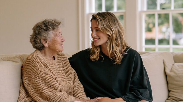 Young adult interviewing an elderly person in a comfortable home setting, intergenerational communication, oral history, life experience, storytelling, mentorship, knowledge