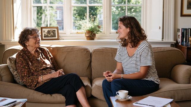 Young adult interviewing an elderly person in a comfortable home setting, intergenerational communication, oral history, life experience, storytelling, mentorship, knowledge