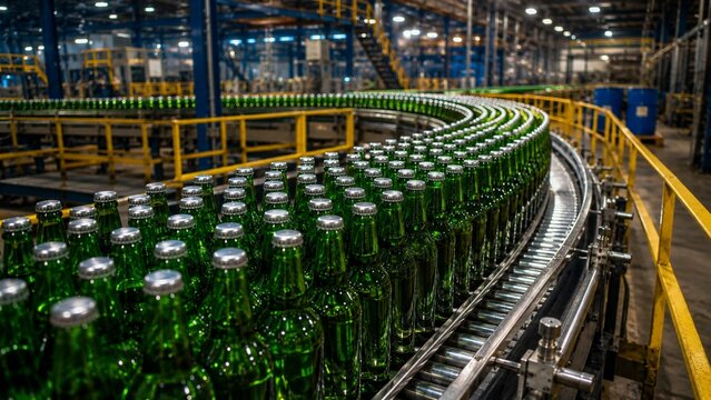 Green Glass Bottles Moving Along Automated Factory Conveyor Line