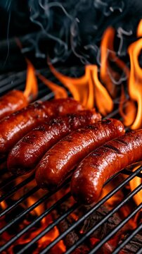 Sausages grilling over fire on barbecue grill