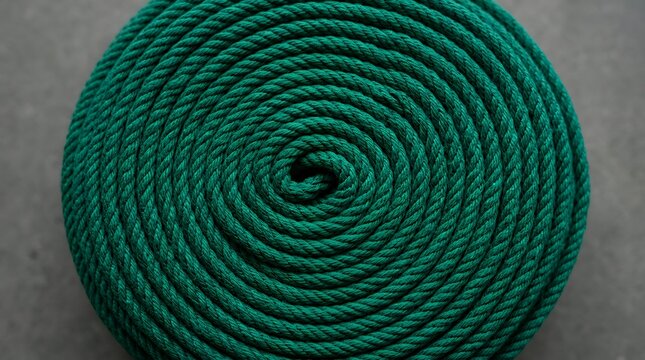 Overhead close up of a thick emerald cord tightly wound in a continuous circular coil green spiral rope background coil cord circle texture pattern lines curve material macro close-up detail organic