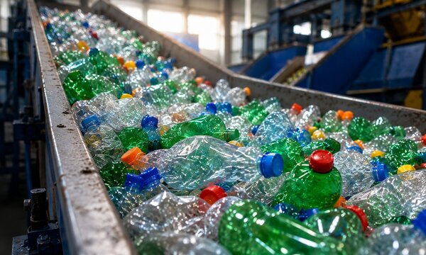 Plastic Bottles Moving Through Industrial Recycling Conveyor Processing Facility