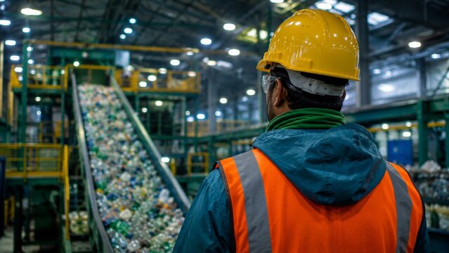 Worker Inspecting Plastic Recycling Conveyor System Inside Industrial Facility