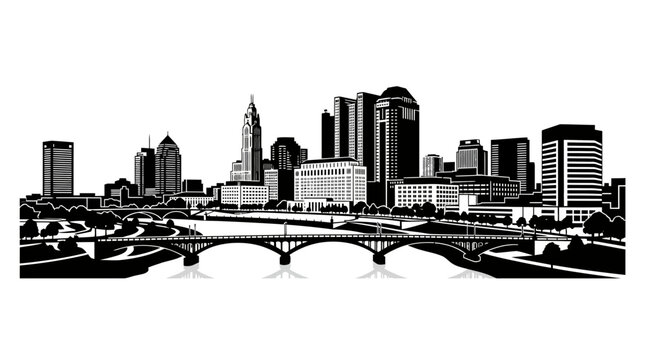 Black and white silhouette illustration of the Columbus Ohio city skyline with bridge.