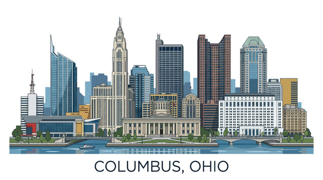 Stylized vector illustration of the Columbus Ohio city skyline with river foreground.