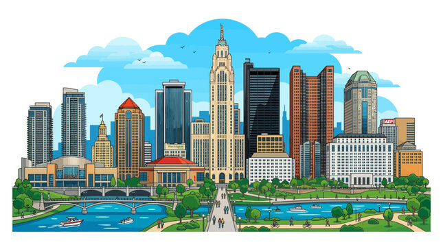 Colorful illustration of the Columbus Ohio city skyline with river and park.
