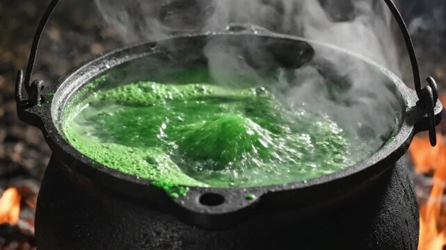 Boiling green potion in a cast iron cauldron over a fire a close-up
