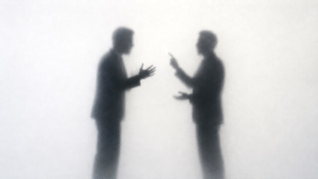Businessmen Arguing Behind Frosted Glass, Office Conflict Silhouette