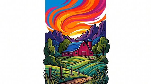 Red barn illustration sits nestled among green hills with dramatic swirling orange clouds above mountains.